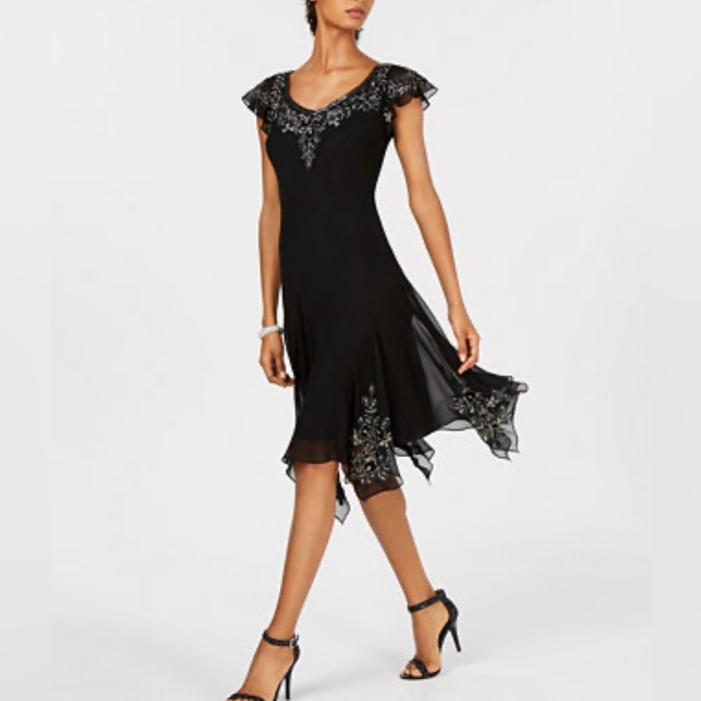 J Kara Black Asymmetrical Dress with Embellishments